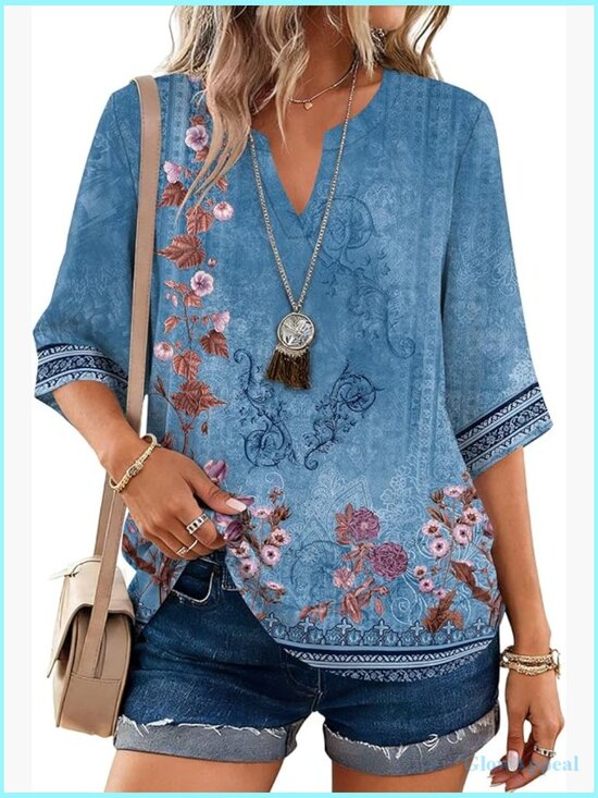 Tops - Dressy 3/4 Length Sleeve Blouse Business Casual Button Down Shirt Pull On